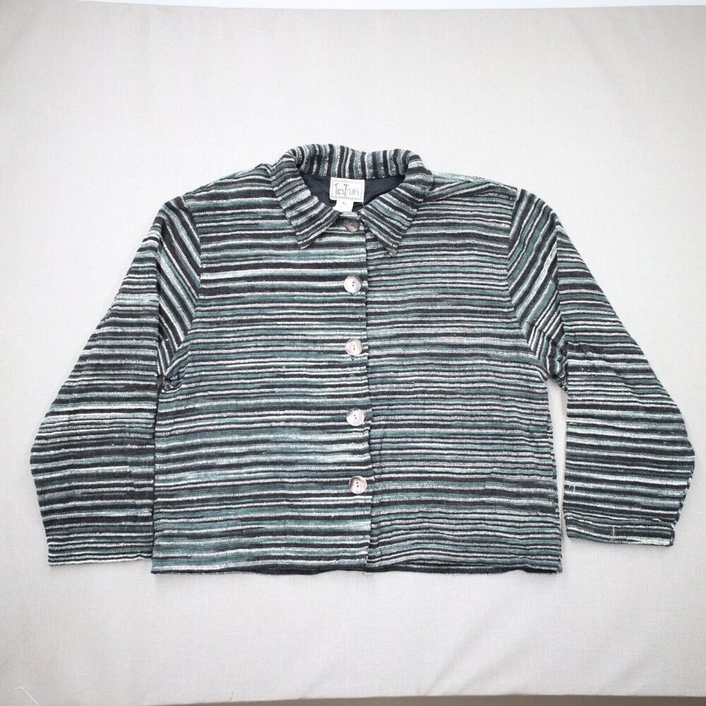 Vtg Tantrums Striped Boucle Jacket Petite Large Blue White Black Blazer